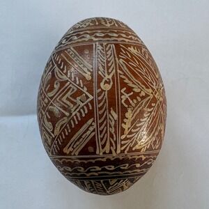 Vintage Hand Etched Pysanka Easter Egg Brown Cream Geometric Ukrainian Folk Art